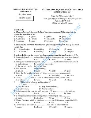 Đề thi chọn học sinh giỏi THPT, THCS môn Tiếng Anh Lớp 9 - Năm học 2010-2011 - Sở giáo dục và đào tạo Thanh Hóa (Có đáp án)